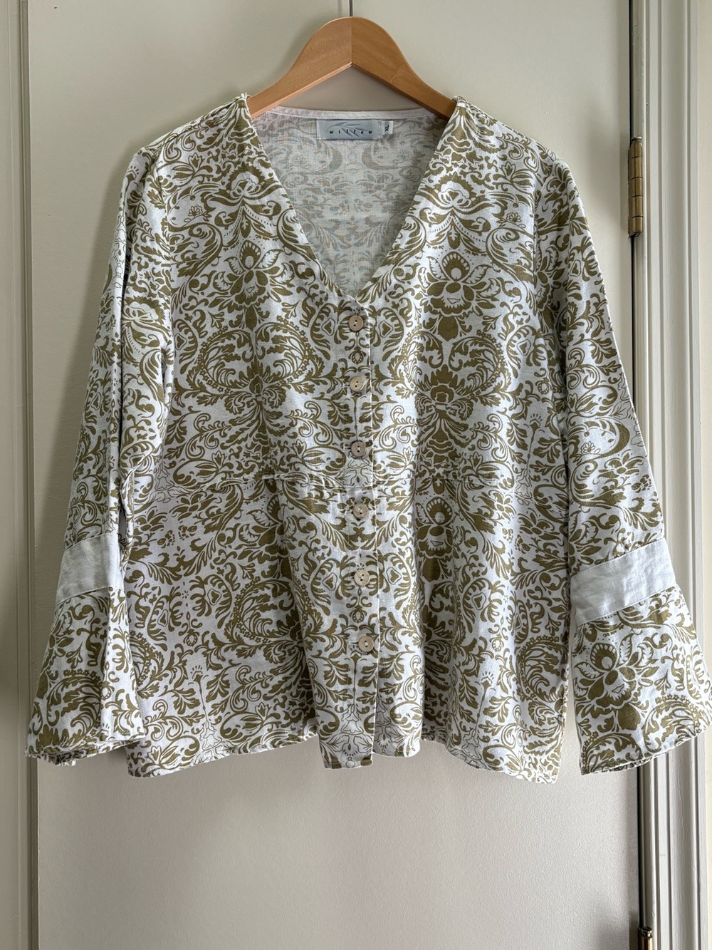 WILLOW  Olive Scroll-Print Button Front Top Long Sleeves